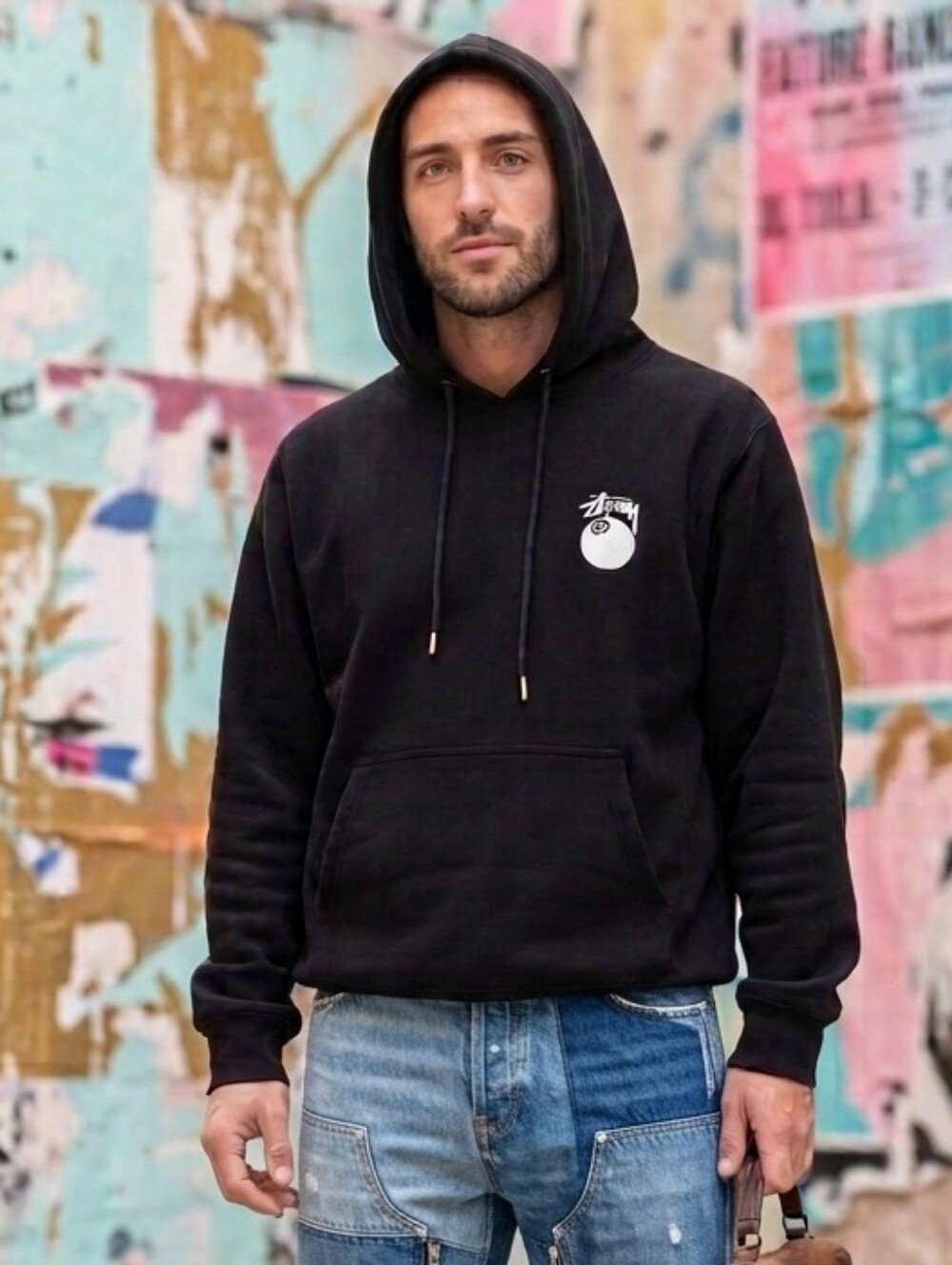 Stussy🎱LIKE NEW 8 BALL Black Hoodie with White Logo Streetwear Pullover Sz L